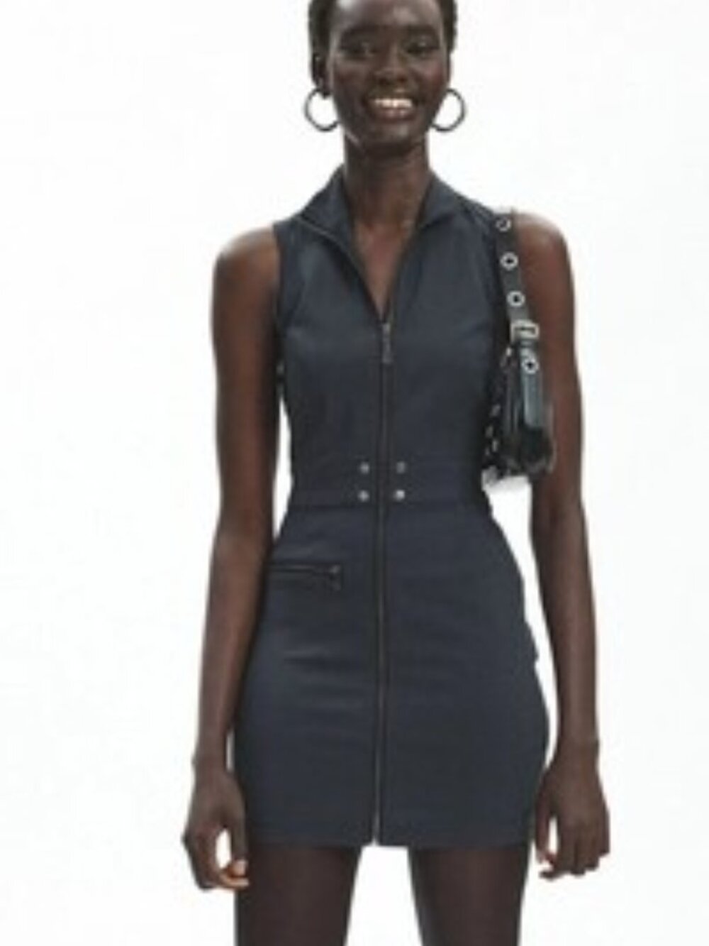 SILENCE + NOISE Dylan Black Zip-Up Twill High Neck Mini Dress Petite Small